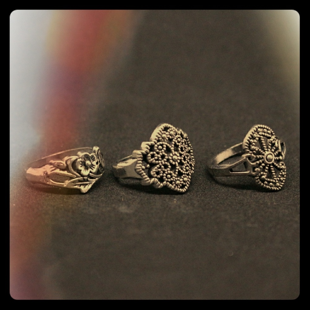Flower Antique-style 3 Ring Set Silver Plated (b)